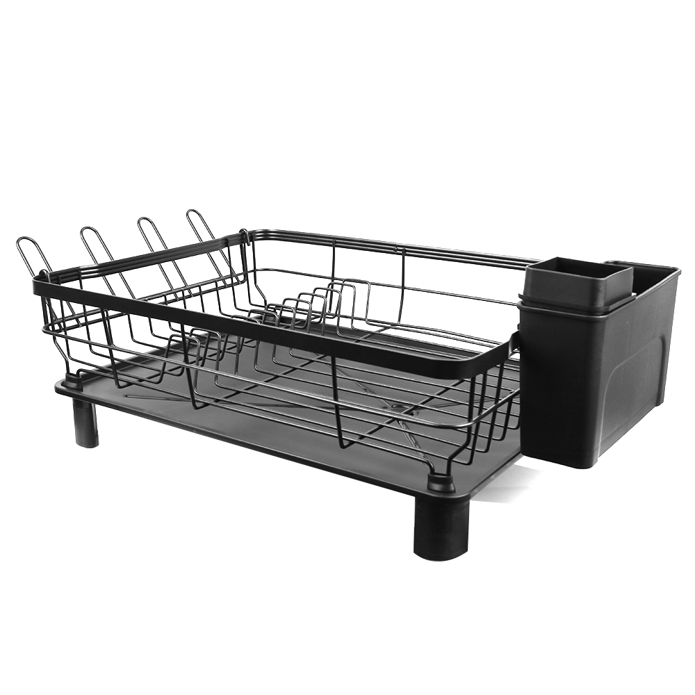 Dish Drying Rack Stainless Steel Dish Drainer with Drip Tray and Utensil Holder - Black