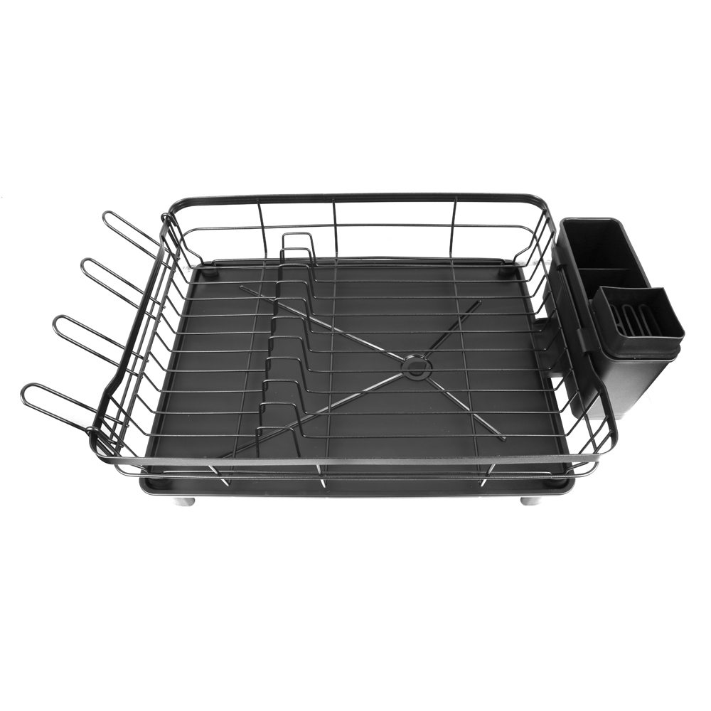 Dish Drying Rack Stainless Steel Dish Drainer with Drip Tray and Utensil Holder - Black