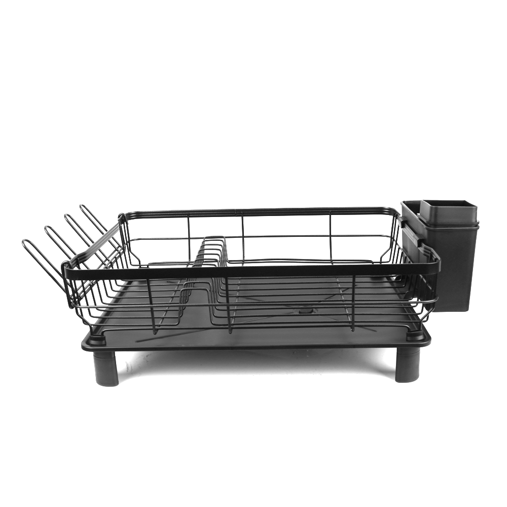 Dish Drying Rack Stainless Steel Dish Drainer with Drip Tray and Utensil Holder - Black